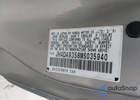 1991 Acura Integra Ls from USA, damaged, VIN JH4DA9358MS035940